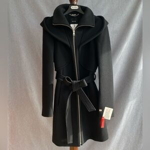 Theory | Hooded Full Zip Black Wool - Blend Belt Coat